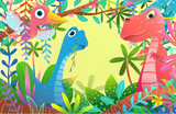 Fototapeta Dinusie - Cute Baby Dinosaurs in Prehistoric Forest, Design for Children. Colorful and Playful imaginary dino animals wallpaper. Vector funny dinosaur, vector background design for kids.