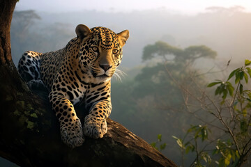 portrait of a jaguar on tree branch with the jungle in the background. amazing wildlife. generative 