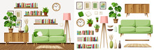 Living Room Interior Design With A Sofa, A Dresser, Books On Bookshelves, A Floor Lamp, And A Monstera In A Pot. Furniture Set. Interior Constructor. Cartoon Vector Illustration