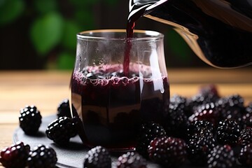 Poster - Woman pouring blackberries juice from jug into glass.