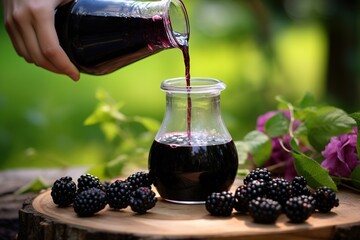 Poster - Woman pouring blackberries juice from jug into glass.