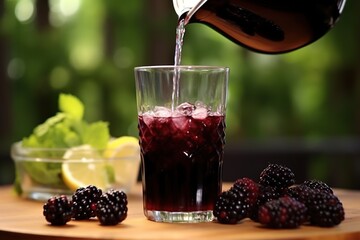 Poster - Woman pouring blackberries juice from jug into glass.