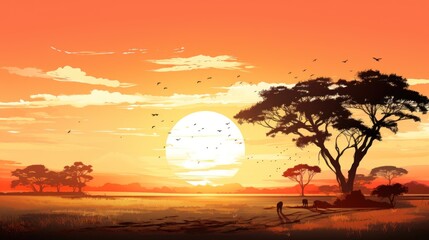 Wall Mural - sunset in the desert. Africa safari savanna landscape, panorama banner background, black silhouette of wild animals, birds, trees and sun. Generative Ai