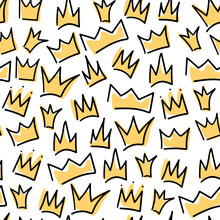 Seamless Pattern Of Hand Drawn Yellow Different Variations Of Crowns