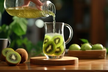 Poster - Woman pouring kiwi juice from jug into glass.