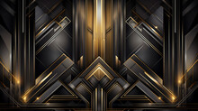 Abstract Art Deco. Great Gatsby 1920s Geometric Architecture Background. Retro Vintage Black, Gold, And Silver Roaring 20s Texture, Generative Ai