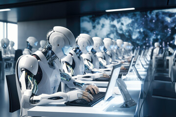 Poster - humanoid robot working in modern office with computer on desk. Generative AI