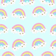 Seamless Pattern With Rainbows And Stars