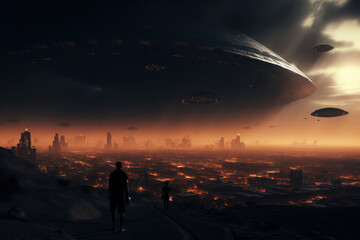 Wall Mural - detailed depiction of a spaceship landing on earth, surrounded by amazed onlookers, showcasing the m
