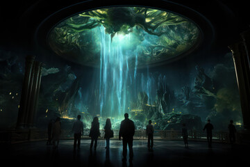 Canvas Print - spectacular view of an alien and a human exploring the depths of an alien ocean, surrounded by breat