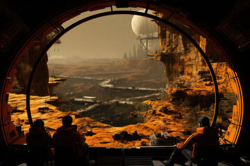 Wall Mural - harmonious and inspiring depiction of an alien and a human working together in a futuristic laborato