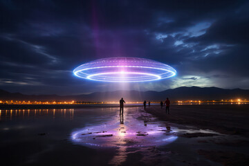 Wall Mural - striking silhouette of a man stepping out of an alien aircraft against a vibrant sky, with meticulou