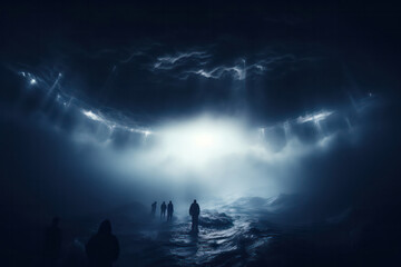 Wall Mural - evocative and detailed depiction of a man emerging from an alien aircraft onto an alien landscape, w