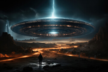 Wall Mural - striking silhouette of a man stepping out of an alien aircraft against a vibrant sky, with meticulou