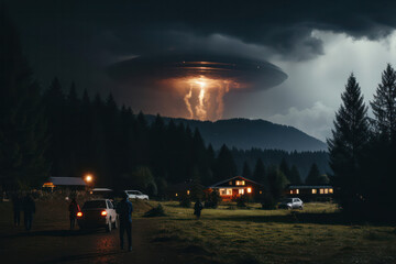 Wall Mural - intriguing silhouette of a man stepping onto alien soil from an advanced extraterrestrial aircraft, 