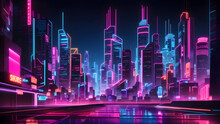 Blue Night City Lights. Neon Urban Future. Rainy Futuristic City In A Cyberpunk Style. Photorealistic Generative AI Illustration. Futuristic Skyscrapers With Neon Lights.