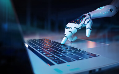 artificial intelligence, robot hand using a laptop, concept of technological advances