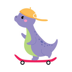 Sticker - Cute Baby Dino Character in Cap Ride Skateboard Enjoy Summer Vector Illustration