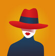 © Aurore - Attitude. Colorful vector illustration, portrait of a woman hidden behind a hat with red lips. decorative poster.