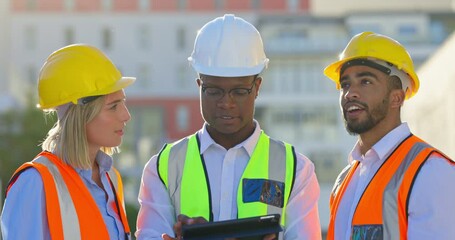 Fototapete - Engineering, tablet and group of people planning for building development, progress or design at outdoor site. Construction, diversity and digital architecture, teamwork and man or manager inspection