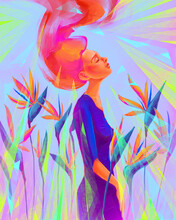 Illustration Of A Girl Among Strelizia Flowers