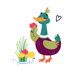 Wall Mural - Funny Dabbling Duck Character Smell Flowers Vector Illustration