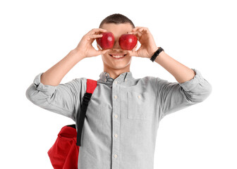 Poster - Male student with apples on white background