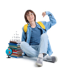 Wall Mural - Male student with books, molecular model and globe showing muscles on white background