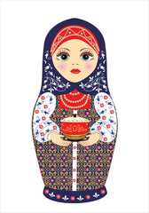 Wall Mural - Russian nesting doll on a white background in national clothes. Beautiful and cheerful wooden doll. He holds a pot in his hands. Souvenir. Present. Sample. Vector illustration 