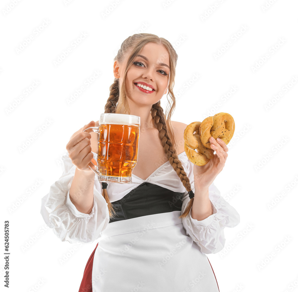 Beautiful Octoberfest waitress with beer and pretzels on white background