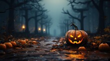 Jack-o'-lantern Halloween Smiling Pumpkin On A Dark Background. Generative AI