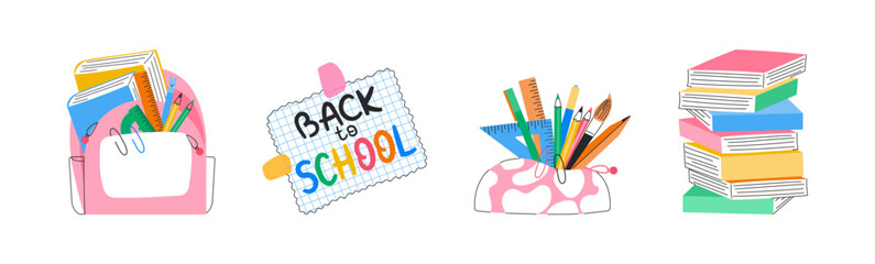 Wall Mural - Back to school set. Backpack with books, pencil box with writing supplies, rulers, stack of textbooks. Education concept. Vector illustration isolated on white background