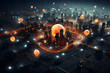Cityscape at night with digital orbs and interconnected glowing lines