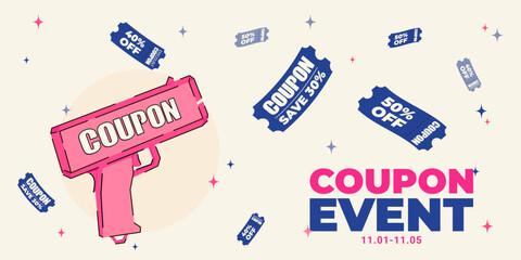 Marketing event banner template. Сoupon gun making machine vector illustration. EPS 10