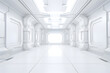 White futuristic corridor with structured walls leading to a distant exit
