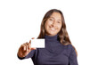 Defocused latina girl showing a blank card isolated on white background.