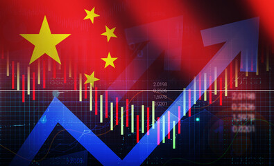 Poster - China's economic growth concept background with stock market graph and waving flag in the backdrop