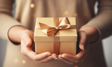 Close Up Of Someone Holding A Gift Box Tied With A Bow