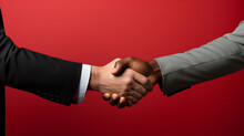 Detail Handshake Between Two Men  Afro American And White Man Against Red Background