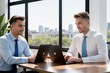 © useful pictures - Two businessmen sitting at table, using digital tablet and laptop coworking at modern office, close up. Business colleagues working together, having a discussion on a project. Generative AI