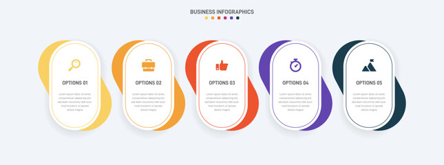 Timeline infographic with infochart. Modern presentation template with 5 spets for business process. Website template on white background for concept modern design. Horizontal layout.