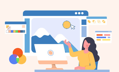 Poster - designer work at project concept. woman with computer develops interface for website. ui and ux desi
