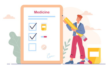 Man with medical list concept. Young guy with pills. Diagnosis and treatment, healthcare. Regular health check up. Poster or banner for website. Cartoon flat vector illustration