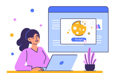 Poster - Web file cookie concept. Young girl on laptop looks at website page. Modern technologies and digital world, internet. Online information and webpage. Cartoon flat vector illustration