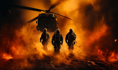 Wall Mural - Fire of war. Three soldiers walk by the burning land. Military helicopter is in the air behind the troop. Generative AI.