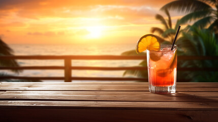  cocktail on a beach cafe table on a tropical island during sun set,  Created using generative AI tools.