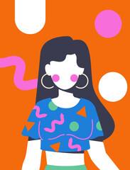 Wall Mural - fashion abstract cover with girl concept. woman in trendy abstract tshirt with abstract geometric fi