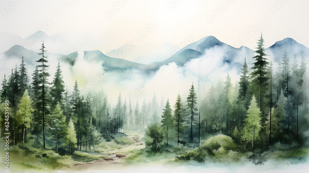 mountain landscape with pine trees in watercolor style Stock ...