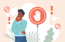 Man With Forbidden Gesture Concept. Young Guy Near Red Sign With Hand Silhouette. Refusal And Ban. Character With Error And Failure. Danger Or Safety Caution. Cartoon Flat Vector Illustration