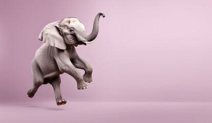 Funny elephant jumping in the air, looks like it's dancing. Banner with space on side. Generative AI
